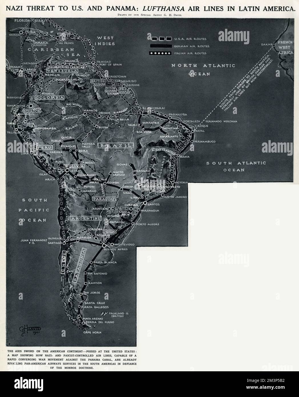 Minaccia tedesca per l'America e Panama: Compagnie aeree Lufthansa in America Latina. Una mappa che mostra come le compagnie aeree controllate dalla Germania, capaci di un movimento bellico convergente contro il canale di Panama, stavano rivaleggiando con i servizi della Pan-American Airways in Sud America durante la seconda guerra mondiale. Data: 1941 Foto Stock
