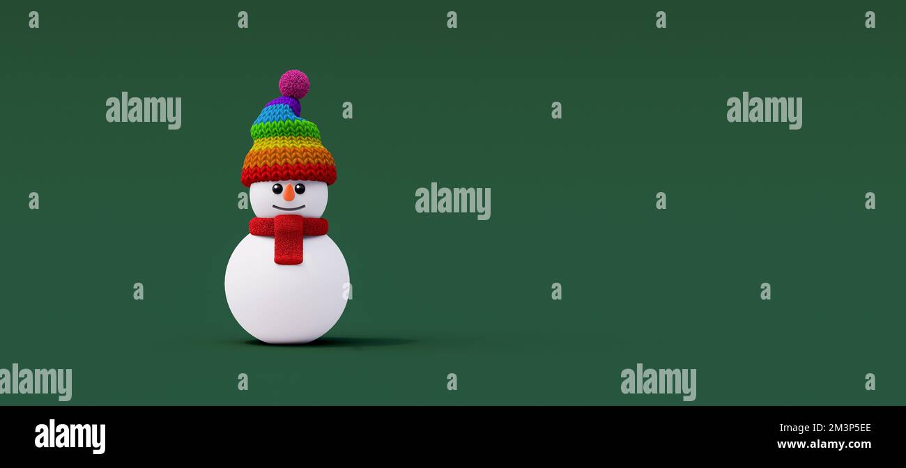 Felice pupazzo di neve con cappello colorato su sfondo verde. Buon Natale e felice nuovo anno concetto con copia spazio 3D rendering 3D illustrazione Foto Stock