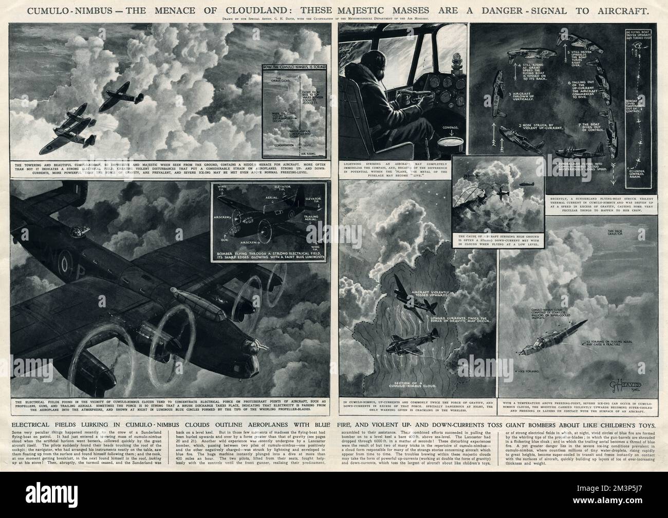 Cumulo-nimbus -- la minaccia di Cloudland. Masse maestose che erano un segnale di pericolo per gli aerei durante la seconda guerra mondiale. I campi elettrici in agguato nelle nuvole di cumulo-nimbus delineano gli aeroplani con il fuoco blu, e le violente correnti verso l'alto e verso il basso lanciano enormi bombardieri come giocattoli per bambini. Data: 1943 Foto Stock