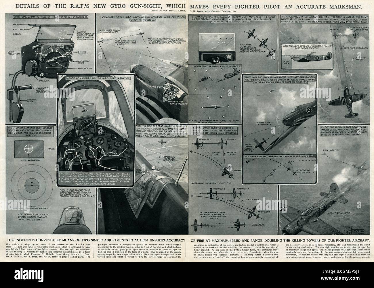 Dettagli sul nuovo avvistamento della pistola giroscopica della RAF, che rende ogni pilota da combattimento un marksman accurato. Grazie a due semplici regolazioni in azione, la vista della pistola garantisce la precisione del fuoco alla massima velocità e portata, raddoppiando l'efficienza degli aerei da combattimento. Foto Stock