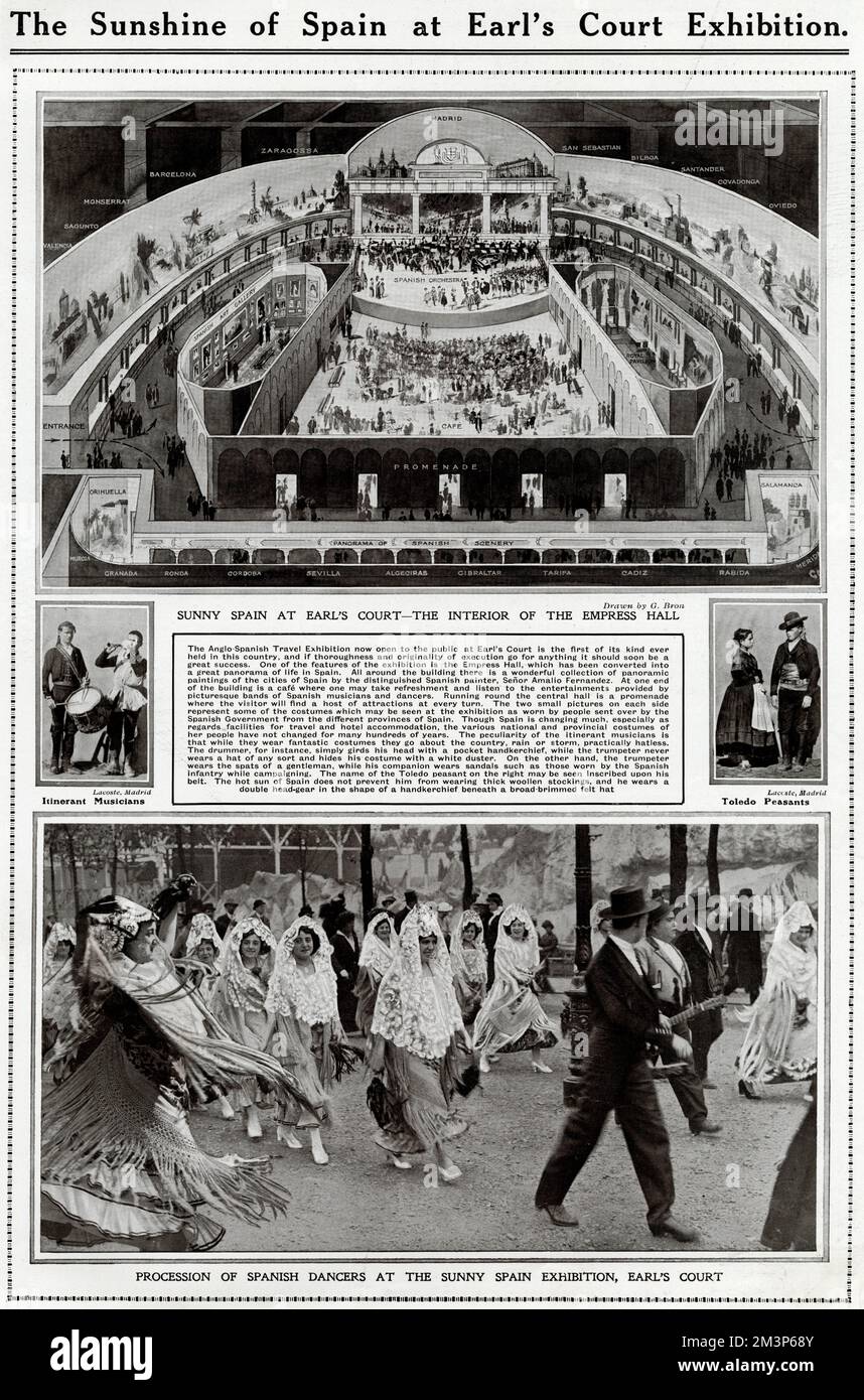 Il sole della Spagna alla fiera di Earl's Court, Londra, che mostra l'interno della sala dell'imperatrice. Foto di musicisti itineranti e contadini di Toledo e una processione di ballerini spagnoli (sotto). Data: 1914 Foto Stock