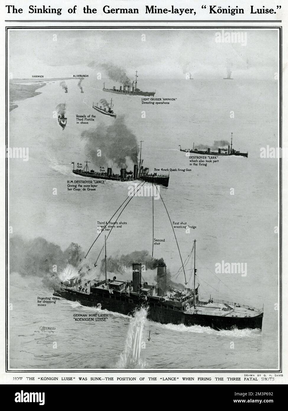 L'affondamento dello strato minerario tedesco, Konigin Luise, al largo di Harwich nelle prime fasi della prima guerra mondiale. Mostra la posizione della lancia quando si sparano i tre colpi fatali. Agosto 1914 Foto Stock