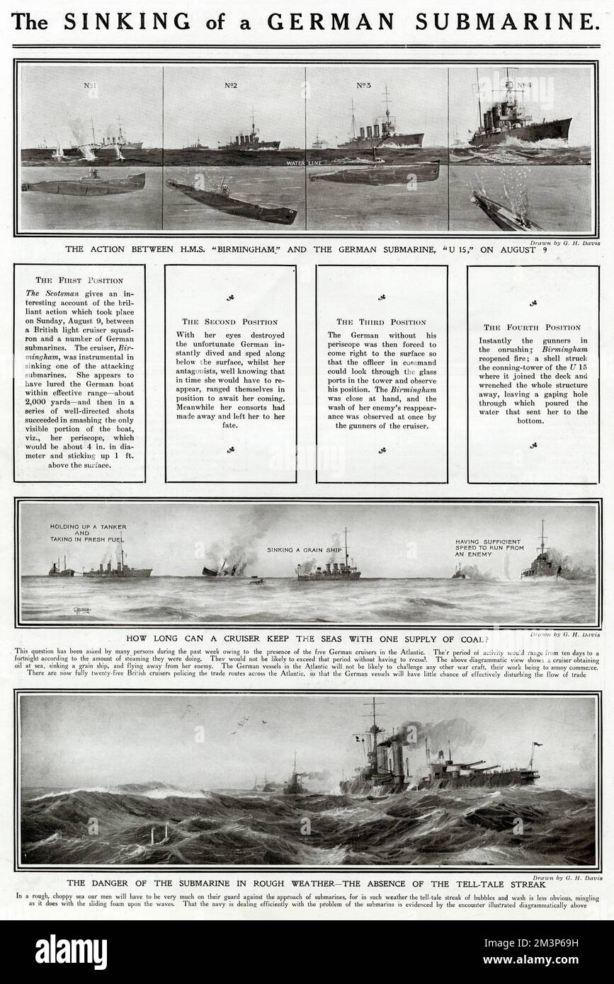 L'affondamento di un sottomarino tedesco, che mostra l'azione in quattro fasi tra HMS Birmingham e la U-boat tedesca U15. Mostrato anche: Quanto tempo un incrociatore può continuare a andare con una fornitura di carbone (medio), e (sotto) il pericolo del sommergibile in condizioni climatiche difficili - l'assenza della striscia di spia. 9 agosto 1914 Foto Stock