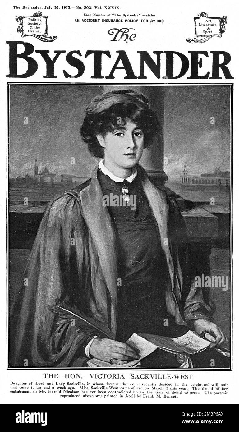 La copertina del Bystander, 16 luglio 1913, con la riproduzione di un dipinto di Frank M.Bennet dipinto all'inizio dello stesso anno. Una settimana prima di questa pubblicazione, la corte aveva stabilito nel favore di vita Sackville-West in un vestito celebrato di volontà. 1913 Foto Stock