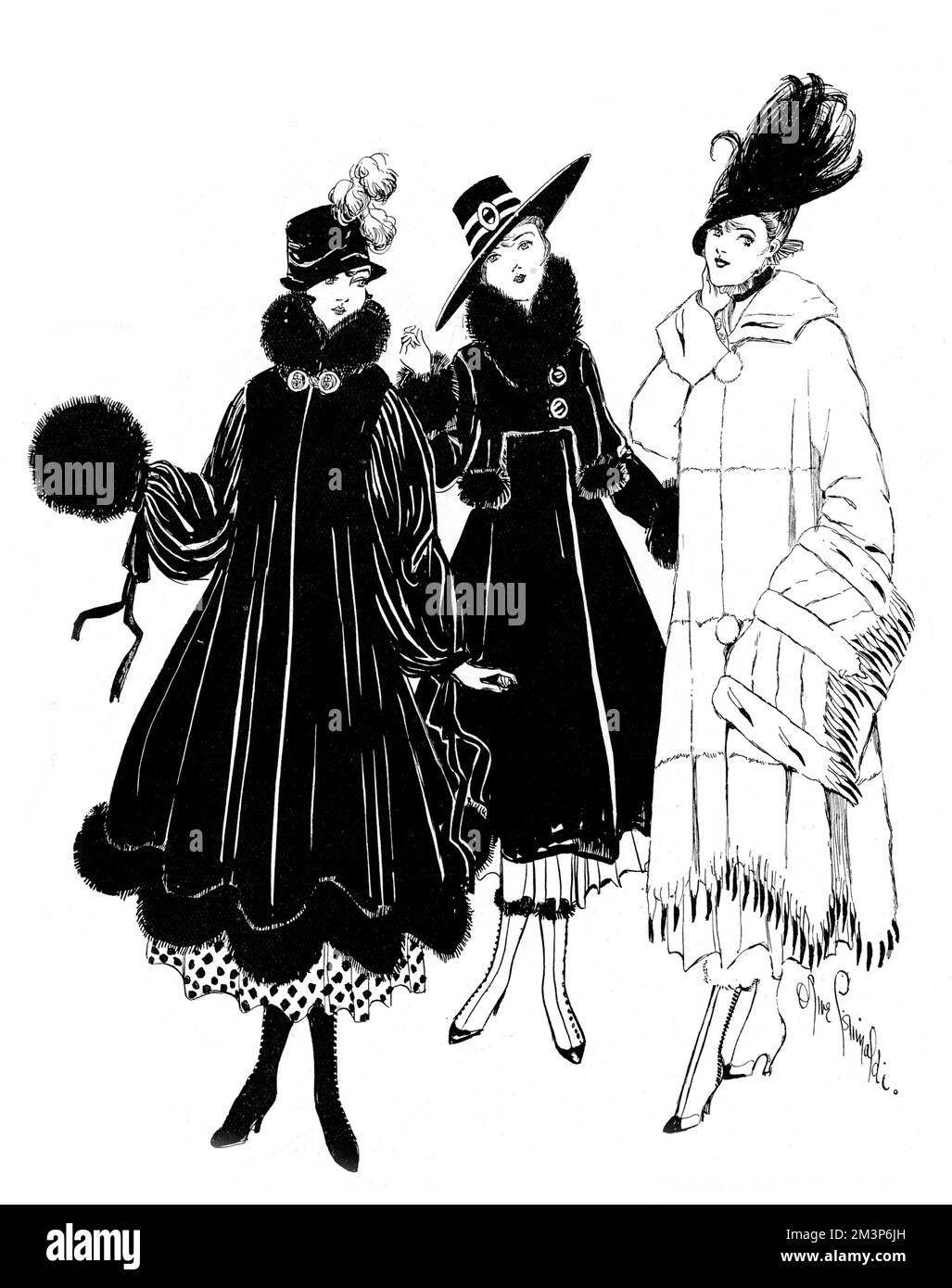 Tre cappotti in forme molto alla moda per 1915. Sulla sinistra è un modello di velluto rifinito con skunk, 'che testimonia che le voluminose pieghe sono l'altezza della moda questo inverno' da Peter Robinson di Oxford Street. Middle è un cappotto di pelle di foca con effetto bolero accentuato da pelliccia skunk di John Barker e Co.'s. Infine, a destra c'è un cappotto erminato di H. C. Russell che "presenta l'altezza del lusso". Data: 1915 Foto Stock