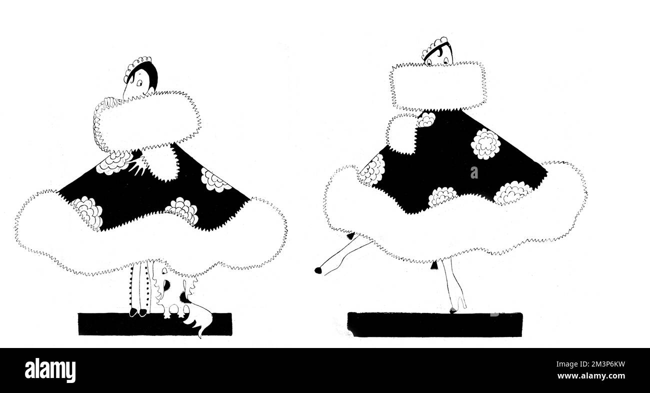 Divertente cartone animato di Annie Fish che mostra il gossip editorialista Tatler immaginario, Eve, lottando con le pratiche di indossare i collari alti alla moda del giorno. In un caso, non riesce a trovare il suo piccolo cane Pekeingese, Tou, e in un altro, trova impossibile vedere, molto meno apprezzare, le nizzarre nappine sulle sue nuove scarpe. Data: 1915 Foto Stock