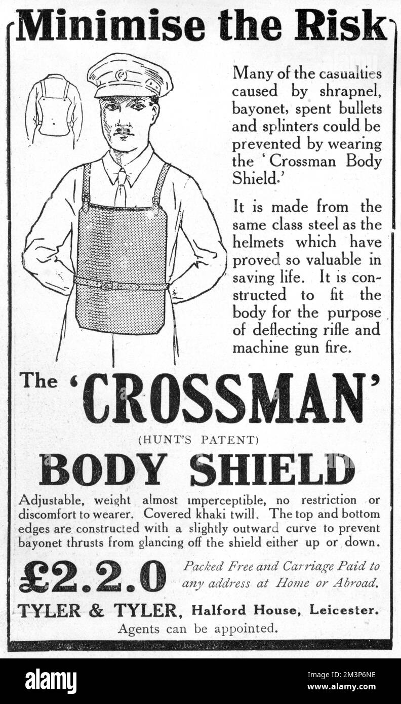 Pubblicità Crossman Body Shield, prima guerra mondiale Foto Stock