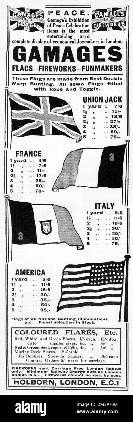 Gamages festeggiamenti per la pace articoli pubblicità Foto Stock