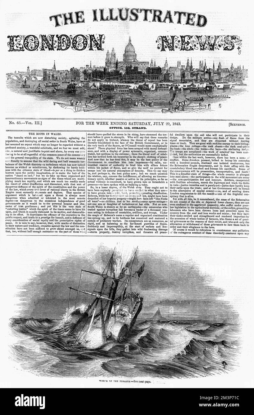 La copertina del Notiziario illustrato di Londra, datata 29th luglio 1843. Il relitto della nave Pegasus è raffigurato, e le notizie sui tumulti di Rebecca nel Galles meridionale sono riportate. Data: 1843 Foto Stock
