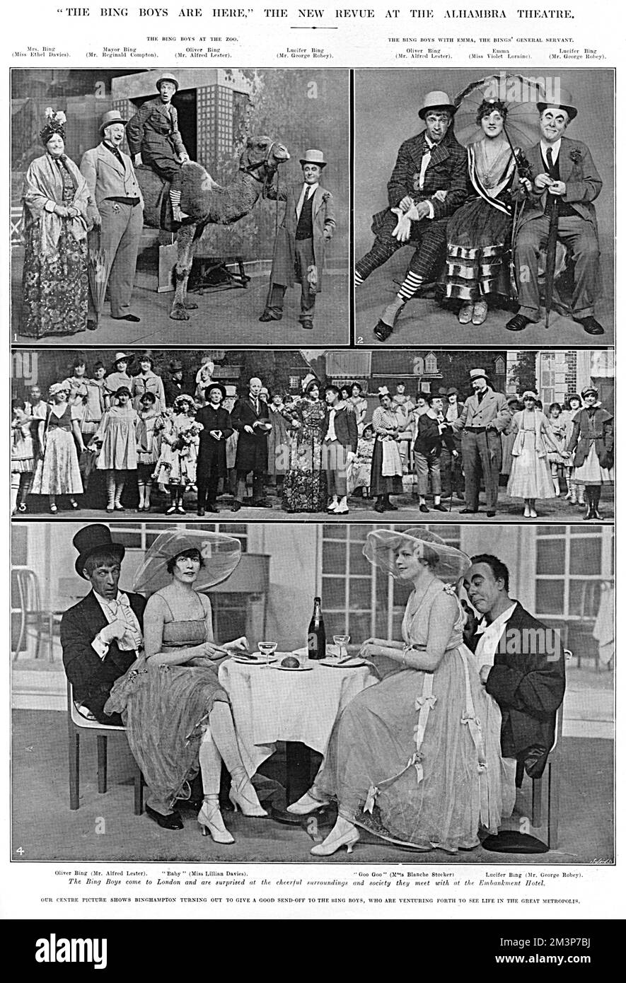 Scene della famosa rivista, i Bing Boys sono qui con Alfred Lester, George Robey, Lillian Davies e Blanche Stocker. Lo spettacolo è stato uno dei più popolari del periodo della Grande Guerra. Data: 1916 Foto Stock