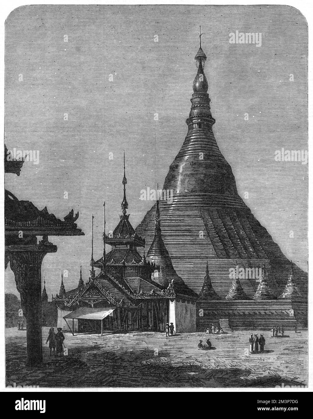 La Pagoda Shweidagon a Yangon, Birmania (Myanmar), ufficialmente chiamata Shweidago Zedi Daw e conosciuta anche come la Pagoda d'Oro, o la Pagoda Grande Dagon. La struttura dorata è alta 99 metri. Data: 1872 Foto Stock