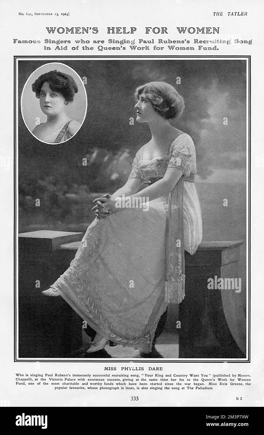 Phyllis dare ed Evie Greene cantano canzoni di reclutamento, WW1 Foto Stock