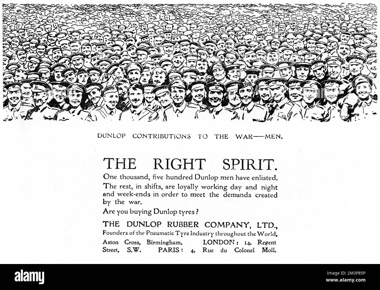 Dunlop Rubber Company pubblicità dalla prima guerra mondiale pubblicizzando il fatto che 1500 dei loro dipendenti avevano arruolato mentre il resto stavano lavorando a turni giorno e notte per soddisfare le richieste della guerra. L'acquisto di pneumatici Dunlop è stato quindi un dovere patriottico! Data: 1915 Foto Stock