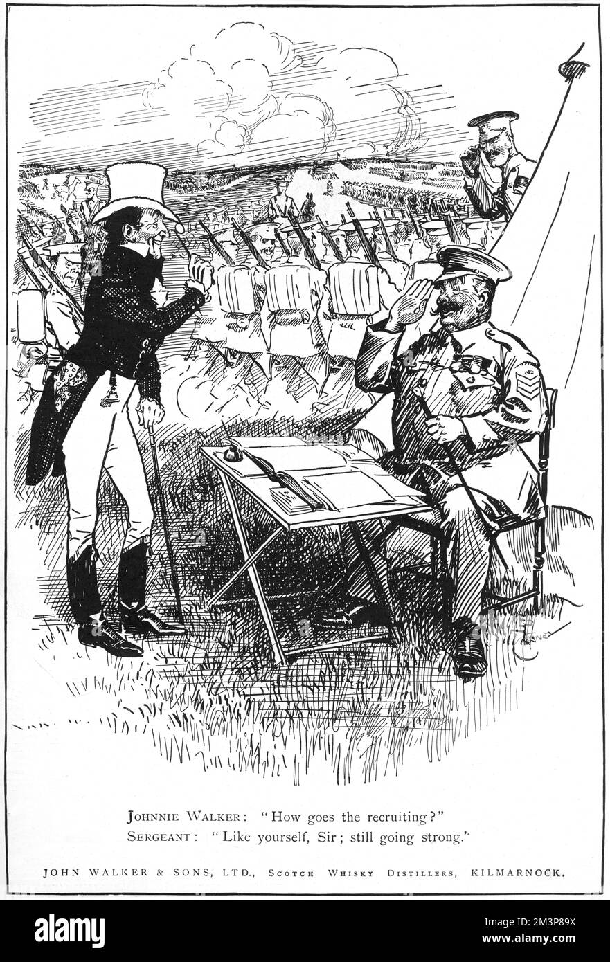 Annuncio della prima guerra mondiale che mostra Johnnie Walker incontrare un sergente di reclutamento nel 1914. Johnnie Walker: "Come va il reclutamento?" Sergente: "Come te stesso, Signore, ancora forte." Data: 1914 Foto Stock