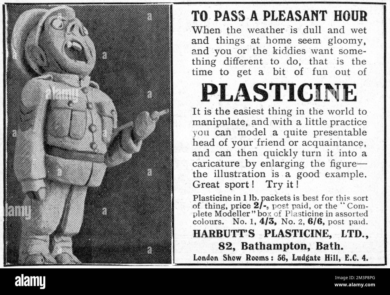 Pubblicità per la Plasticine di Harbutt dal 1918, che offre qualcosa da fare per "passare un'ora piacevole quando il tempo è opaco e bagnato e le cose a casa sembrano cupe". Si potrebbe, per esempio, modellare una figura come questo sergente di perforazione vociferico. 'Grande sport! Provalo!" Data: 1918 Foto Stock