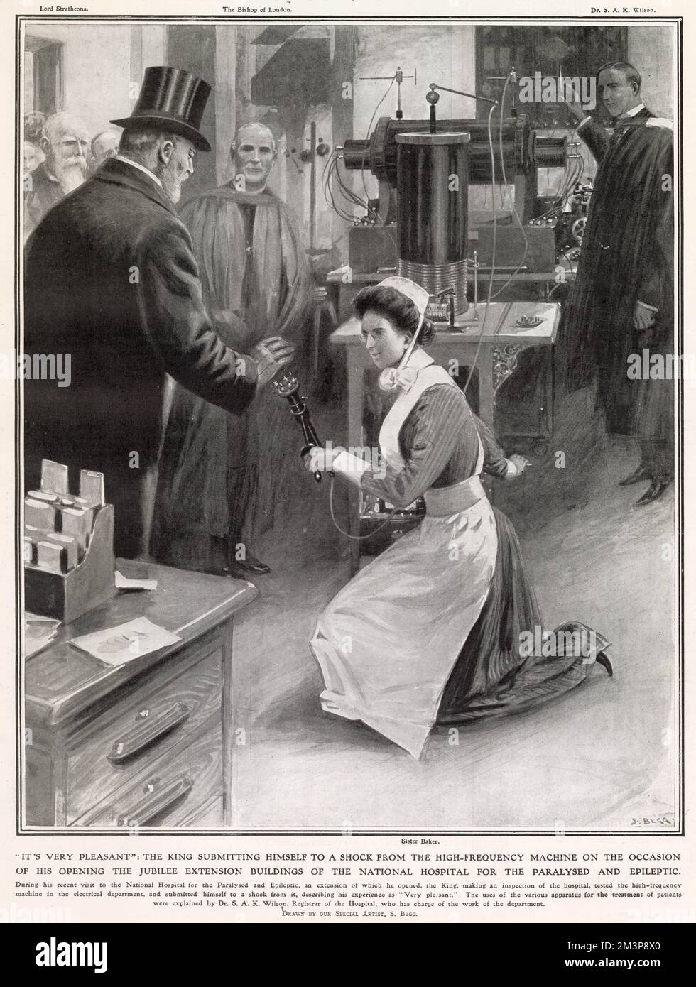 Re Edoardo VII ispeziona gli apparecchi elettromedicali presso l'Ospedale Nazionale per i paralitici ed epilettici, durante l'apertura dei nuovi edifici di estensione giubilare. Foto Stock