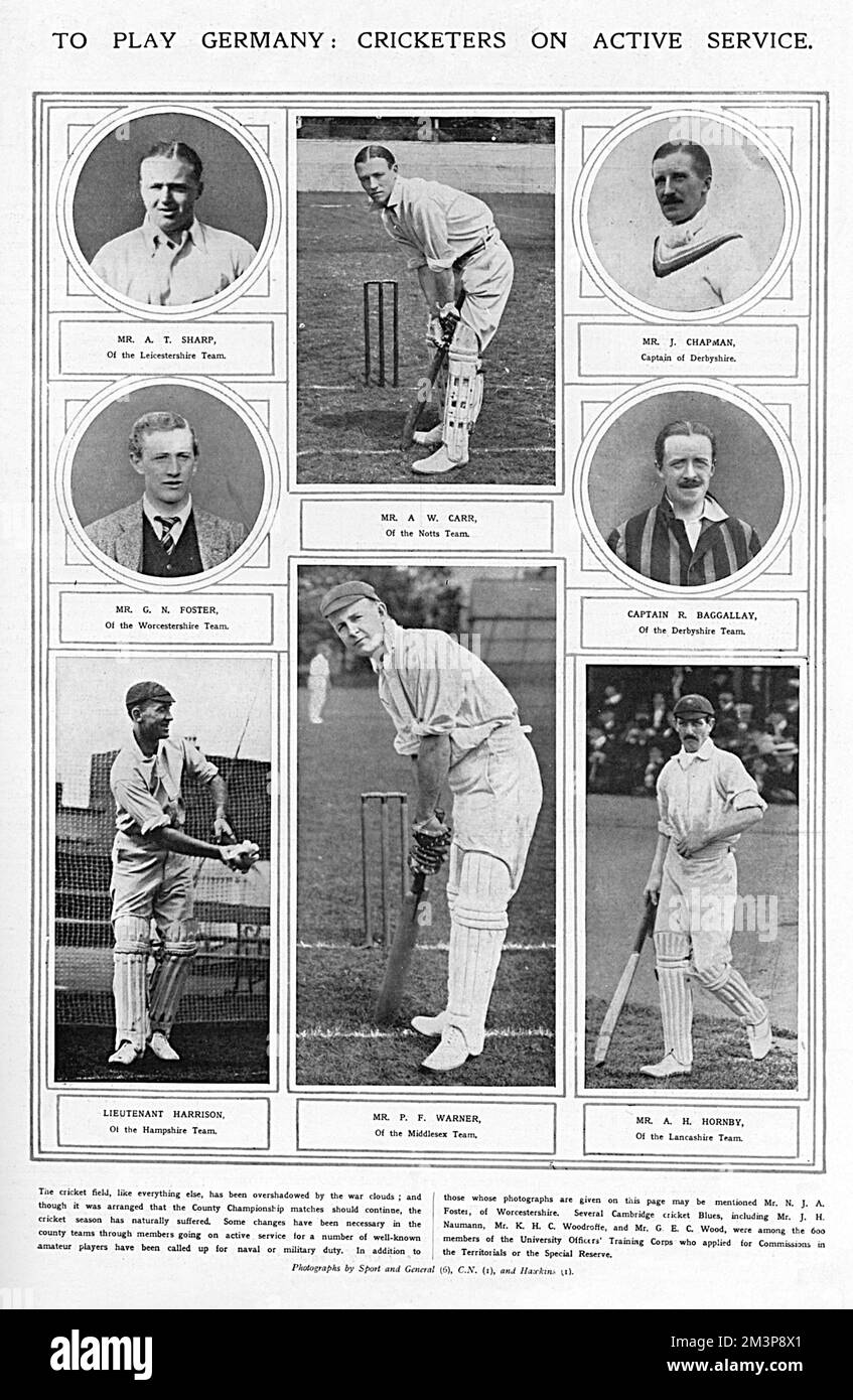 Membri di squadre di cricket campionato della contea che sono stati chiamati per il servizio attivo dopo lo scoppio della prima guerra mondiale 1914 Foto Stock
