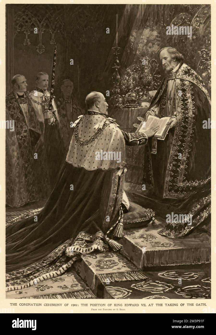 Il re Edoardo VII presta giuramento durante la cerimonia di incoronazione, presso Westminister Abbey, Londra. Agosto 1902 Foto Stock