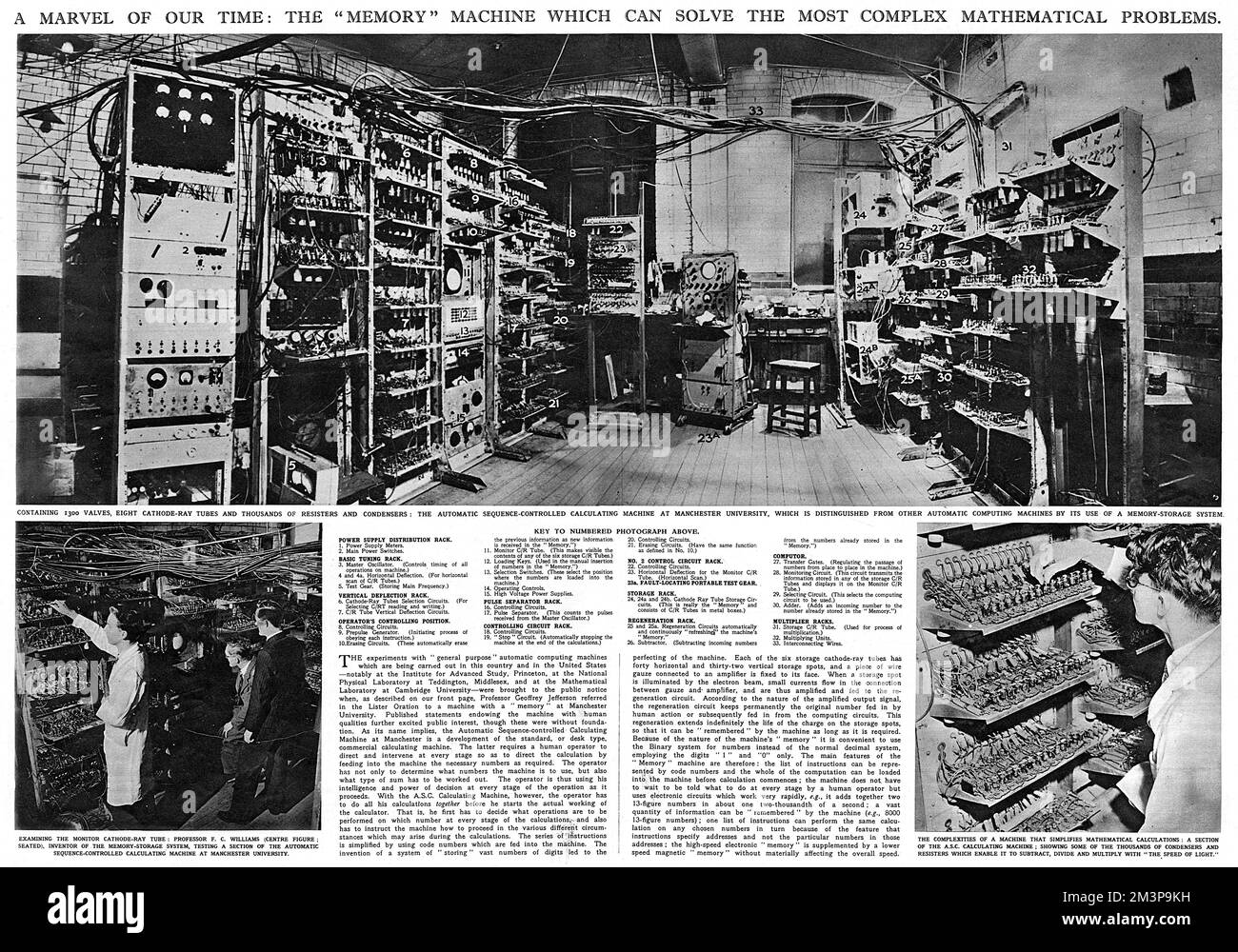 Una doppia pagina tratta dal Notiziario illustrato di Londra, 1949, che riporta la macchina automatica di calcolo a sequenza controllata all'Università di Manchester. La macchina contiene 1.300 valvole, 8 tubi a raggi catodici e migliaia di resistenze e condensatori, oltre a un esclusivo sistema di memorizzazione. 1949 Foto Stock