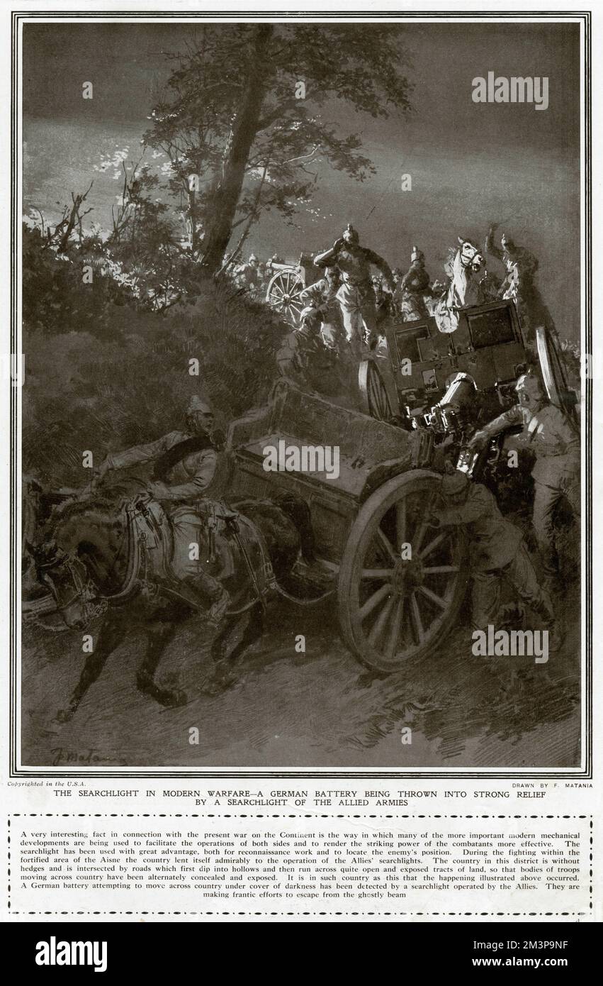 Batteria tedesca sotto un proiettore, 1914 Foto Stock