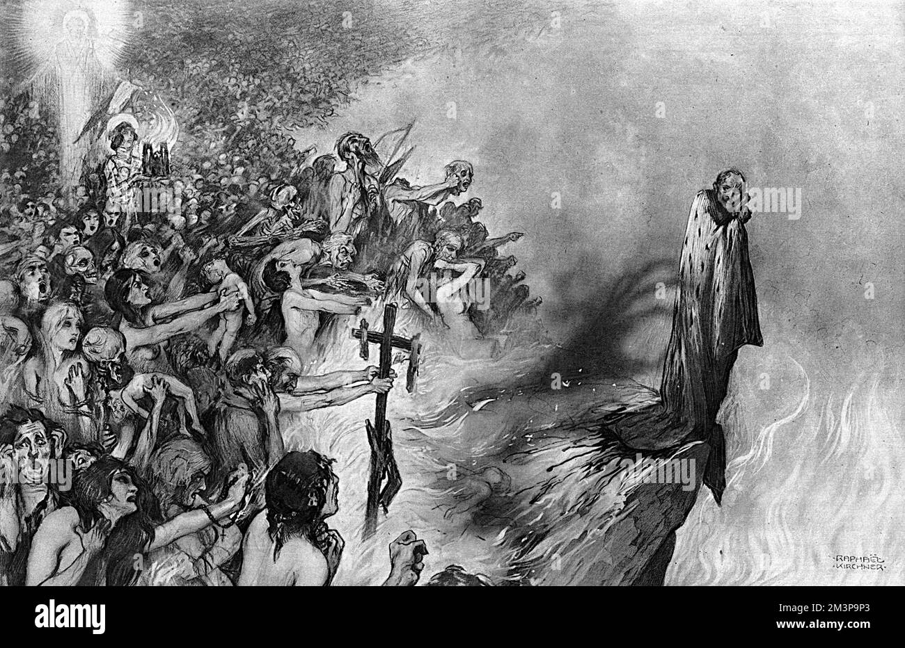 Un soggetto insolito per Raphael Kirchner, meglio conosciuto per i suoi allettanti pin-up del periodo della Grande Guerra, conosciuto come Kirchner Girls. In una scena che ricorda Dante, Kaiser Wilhelm II è raffigurato in un promontorio imbevuto di sangue che si erge sul bordo di un precipizio all'inferno, mentre le sue vittime indignati e mutilate scuriscono le loro denunce. Data: 1918 Foto Stock
