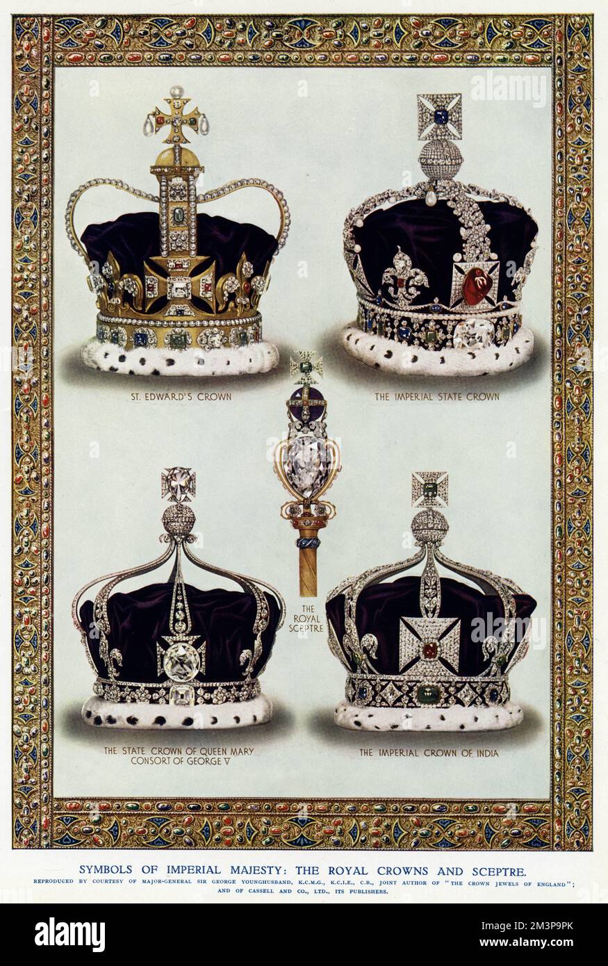Simboli della maestà imperiale: La corona di Sant'Edoardo, con 444 pietre preziose, rimane uno dei gioielli della corona più importanti del Regno Unito, essendo la corona ufficiale dell'incoronazione. La Corona Imperiale di Stato, simboleggia la sovranità del monarca, ci sono state diverse versioni dal 15th ° secolo, simile a quella della Corona di San Edoardo, ma più breve e incrostata di gioielli, gemme preziose, diamanti, perle, zaffiri, smeraldi e rubini. Corona di Stato della regina Maria Consorte di re Giorgio V d'Inghilterra. La corona imperiale dell'India, fu la corona di tre sovrani britannici come imperatori dell'India durante la t Foto Stock
