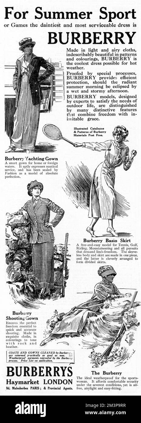 Pubblicità per Burberrys of London, inserita nel numero del 5 agosto 1914 della rivista Sketch, che mostra quattro abiti adatti per le attività della stagione, da un abito da diporto per Cowes a un abito da tiro e Burberry resistente alle intemperie per le riprese a gallo sulle brughiere, senza dimenticare una gonna basio ideale per giocare a tennis. Data: 1914 Foto Stock