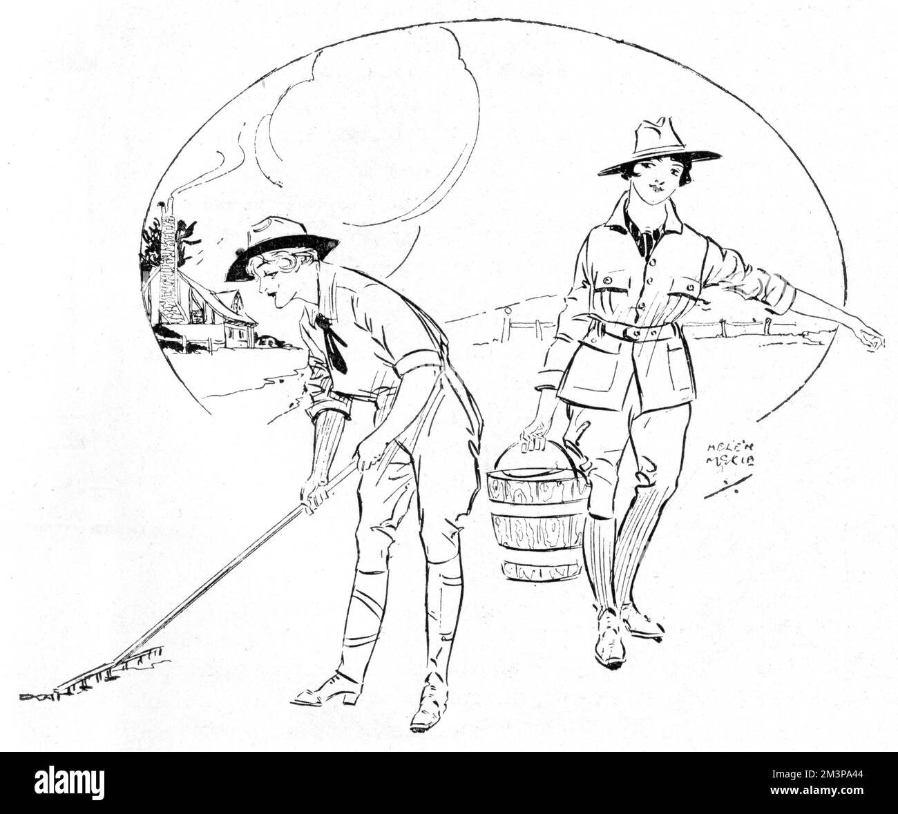 Un'illustrazione che mostra due donne che lavorano sulla terra durante il WW1, inoltre che cita come le cose sono cambiate per le donne "ha descritto le vecchie cose-gonne significo" Data: 1916 Foto Stock