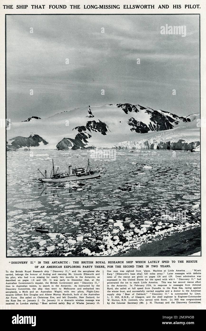 L'americano Lincoln Ellsworth e il suo collega e pilota britannico, Herbert Hollick-Kenyon, che il 23 novembre 1935, partì da Dundee Island in un aereo 'Polar Star', volando 2000 miglia attraverso l'Antartico fino alla Baia delle balene, sul Mare di Ross. Il volo antartico si fermò prematuramente, a causa della carenza di carburante, e dovette essere salvato dalla nave da ricerca britannica Royal Discovery II nulla fu sentito fino al 17 gennaio 1936, furono salvati a 420 miglia di distanza a Little America, dove erano stati dispersi per sette settimane. Data: Gennaio 1936 Foto Stock