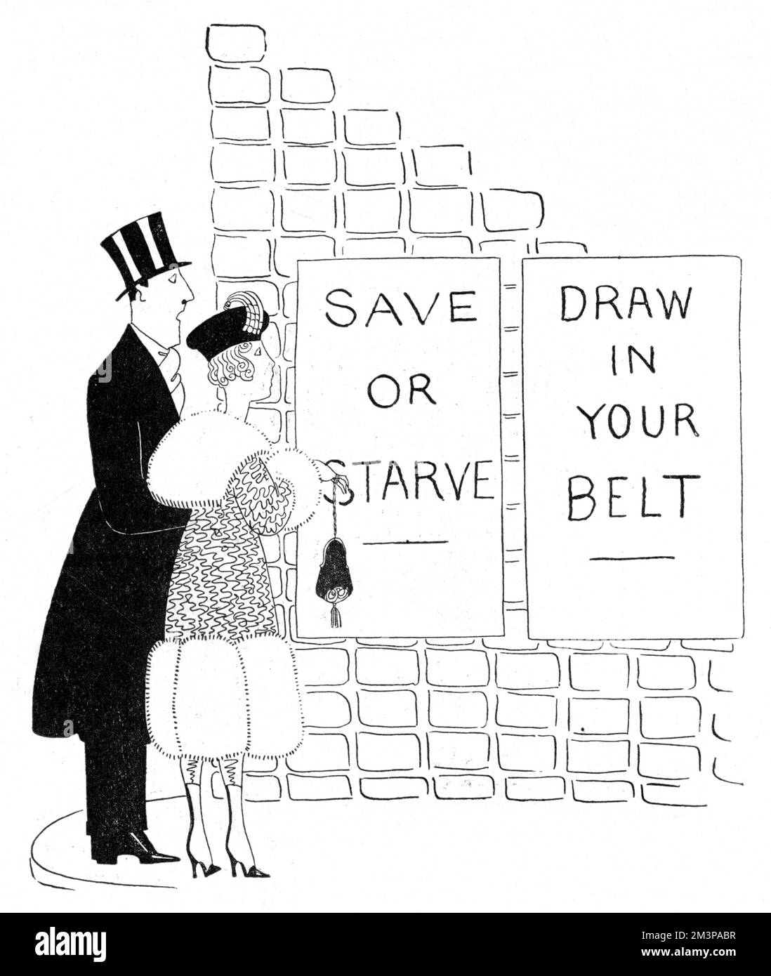 Illustrazione di Annie Fish per accompagnare la colonna Letters of Eve nella rivista Tatler, mostrando una coppia di poster che esortano la nazione a mangiare meno e risparmiare di più per affrontare la carenza di cibo nel 1918. 1918 Foto Stock