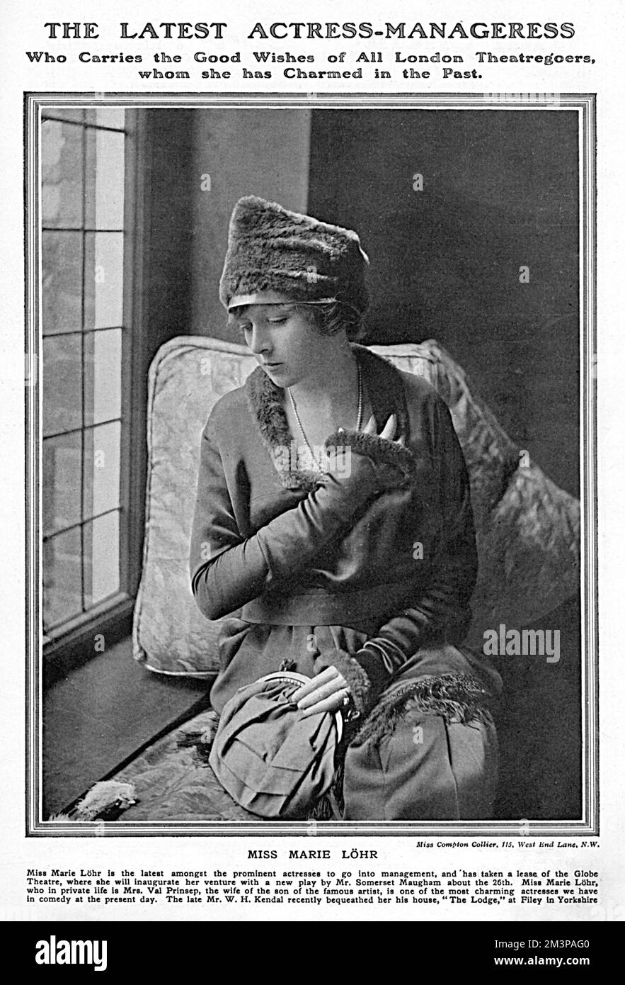 Marie Lohr, attrice australiana (1890-1975) nella foto del Tatler, quando aveva assunto il ruolo di manager al Globe Theatre di Londra, dove stava organizzando un'opera di W. Somerset Maugham. Un certo numero di attrici ha preso il controllo della gestione del teatro durante la guerra. Data: 1918 Foto Stock