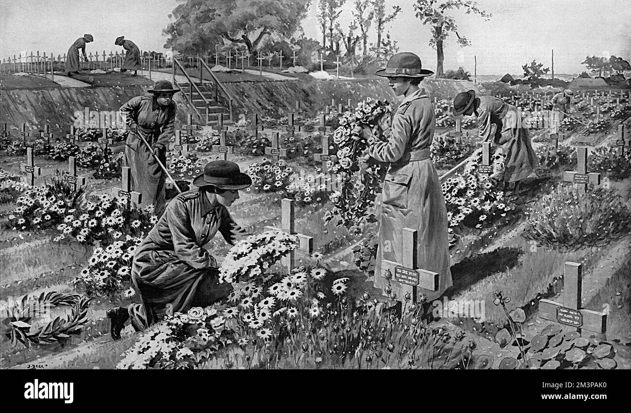 "Un angolo di un campo straniero che è per sempre l'Inghilterra". Tombe di soldati britannici in Francia tendevano da membri del corpo ausiliario dell'Esercito delle Donne (Women's Army Auxiliary Corps, WAAC) che erano stati addestrati a Kew Gardens. Data: 1917 Foto Stock