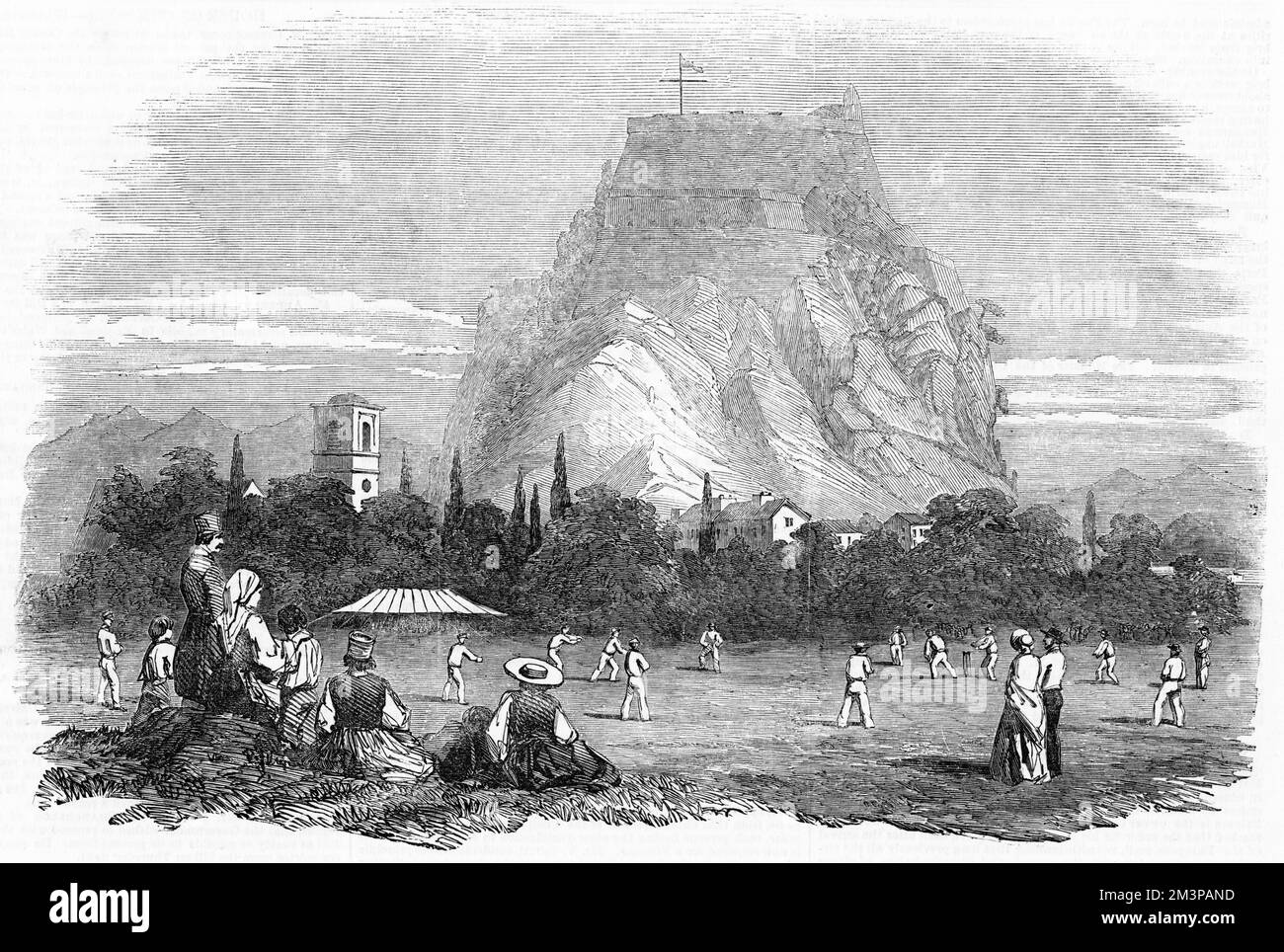 Spettatori che guardano un Cricket Match in corso presso la British Garrison, Corfù, Grecia. 1853 Foto Stock