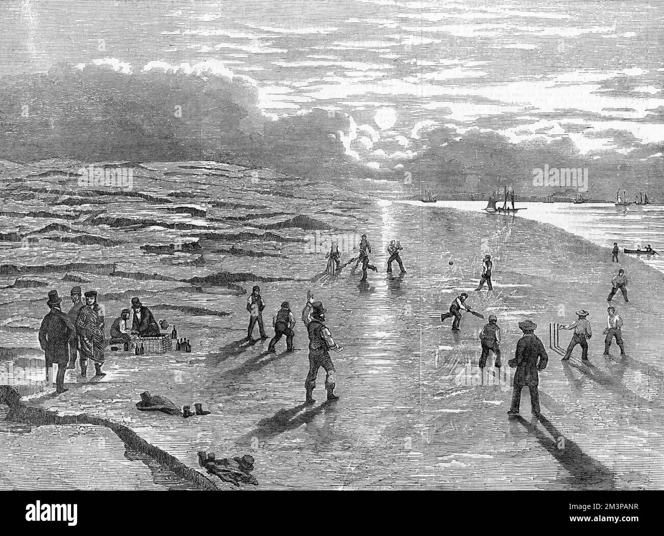 Una partita di cricket in corso sulle Goodwin Sands nel Kent, dove ci sono anche alcuni spettatori che si godono un pic-nic. 1854 Foto Stock