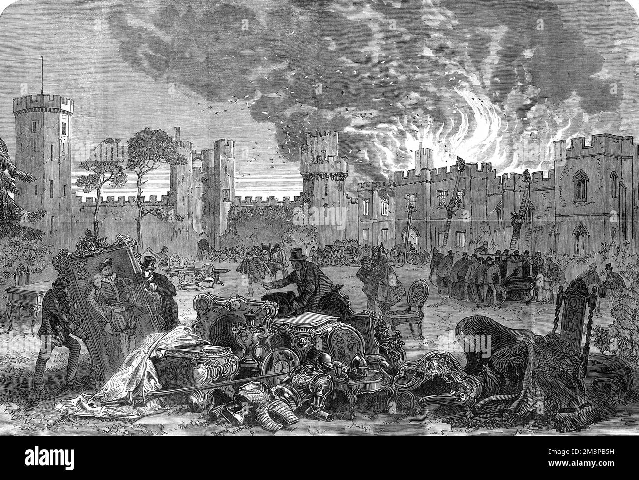 Il fuoco al castello di Warwick. Alcuni dei contenuti del castello sono salvati, tra cui dipinti, armature e mobili, mentre il blaze è affrontato. Data: 1871 Foto Stock
