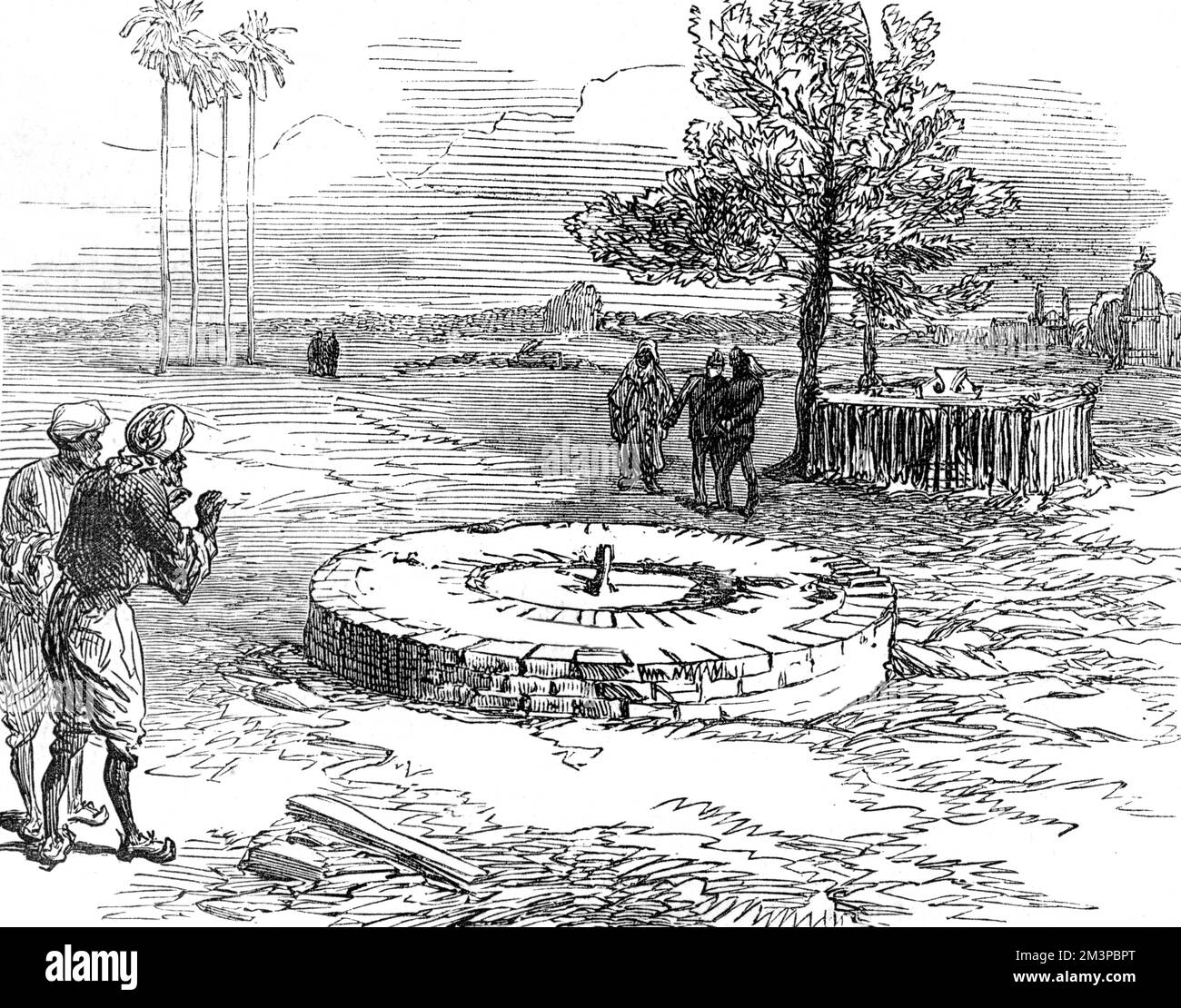 Il pozzo a Cawnpore a Lucknow, India, nella foto era nel 1860. Il pozzo asciugato è stato usato per eliminare i corpi delle donne e dei bambini britannici massacrati dalle forze di Nana Sahib durante il Mutiny indiano di 1857, in che cosa è diventato conosciuto come il massacro di Bibighar. Data: 1860 Foto Stock