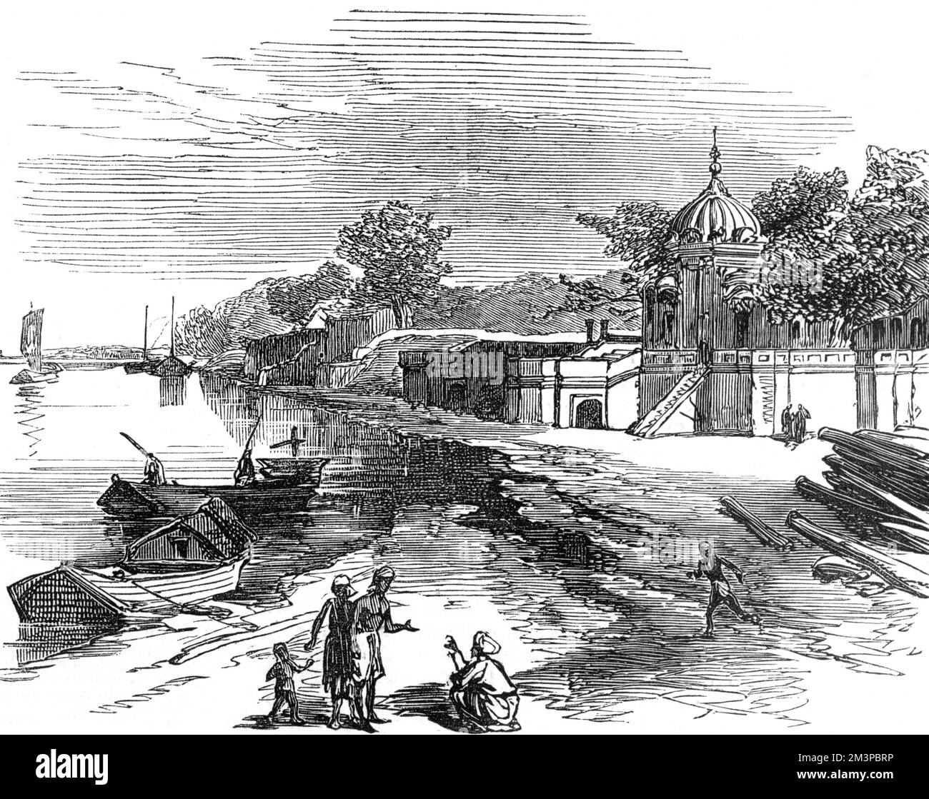 Il Suttee Chowrah Ghaut (Satichaura Ghat), più tardi conosciuto come massacro Ghaut a Cawnpore, India, nella foto come era nel 1860. Il sito è associato al Mutinismo indiano del 1857. Data: 1860 Foto Stock