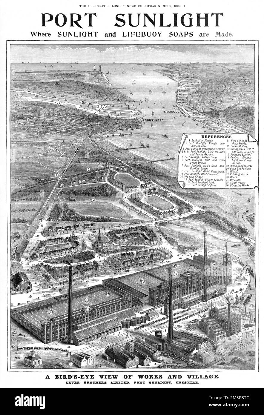 Superba vista aerea di Port Sunlight, la fabbrica e la casa della luce del sole e saponi Lifebuoy, insieme al villaggio modello costruito sul Wirral da William Lever a beneficio dei suoi lavoratori. Data: 1898 Foto Stock