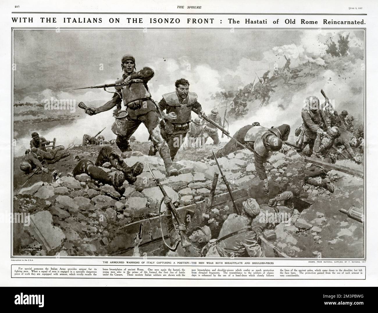 I soldati italiani caricano e catturano una posizione sul fronte Isonzo, teatro di battaglie tra gli eserciti austro-ungarico e italiano tra giugno 1915 e novembre 1917. Gli italiani indossano pettorine e spalline appositamente progettate che assomigliano all'armatura indossata dagli antichi soldati romani. Data: 1917 Foto Stock