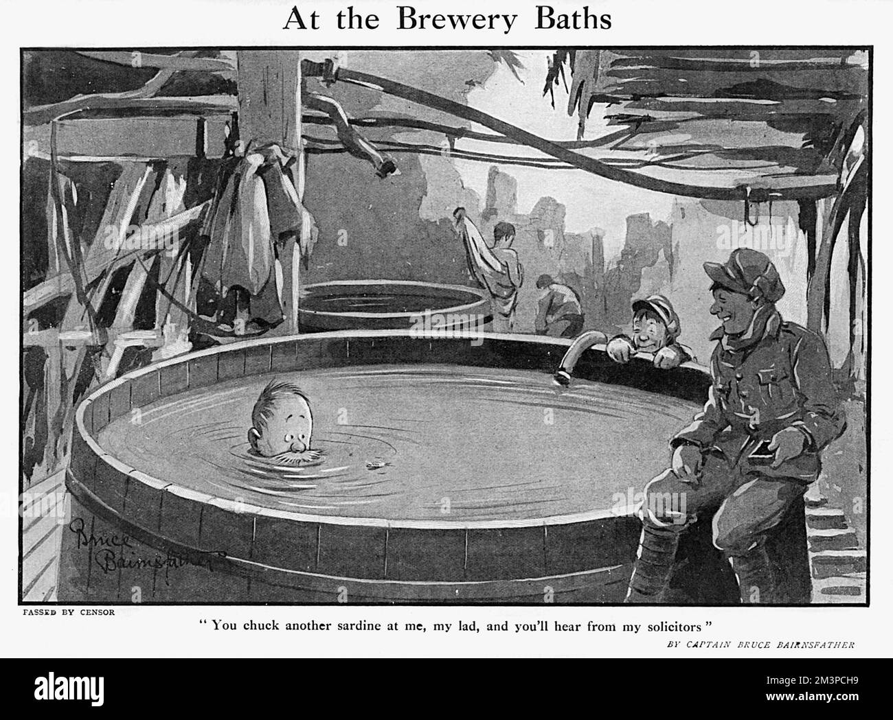 Al Brewery Baths di Bruce Bairnsfather, cartone animato WW1 Foto Stock