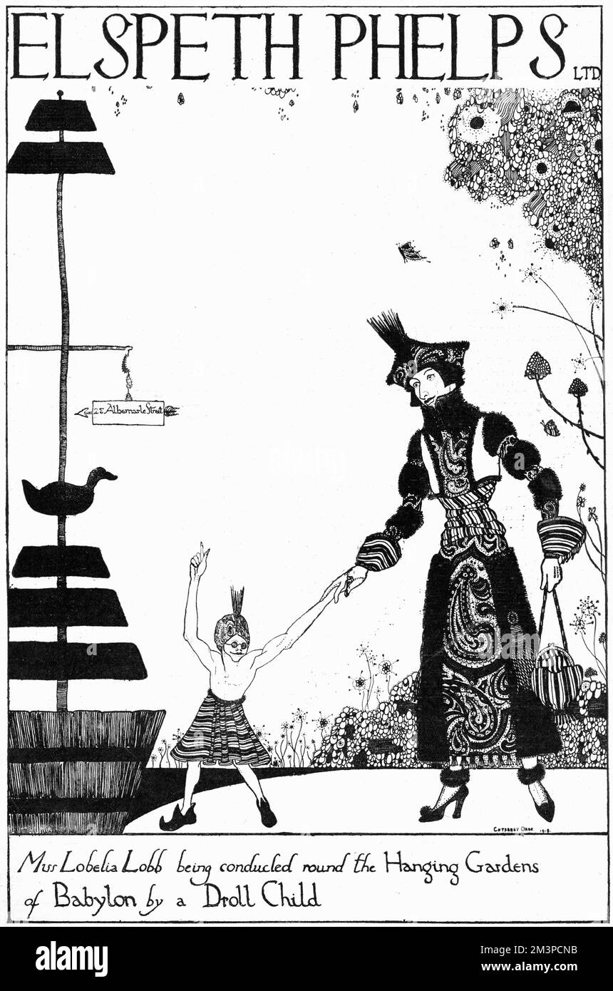 Pubblicità per Elspeth Phelps di Albemarle St, Londra, parte di una serie che raffigura la lingua in scene guance delle Signore della società (in questo caso la signorina Lobelia Lobb immaginaria). Phelps è stato uno dei principali portieri di moda femminile a Londra durante la prima guerra mondiale e il 1920s. Ha lavorato con il famoso designer Reggie le Veulle. La sua attività si è poi fusa con il couturier Paquin. Data: 1920 Foto Stock