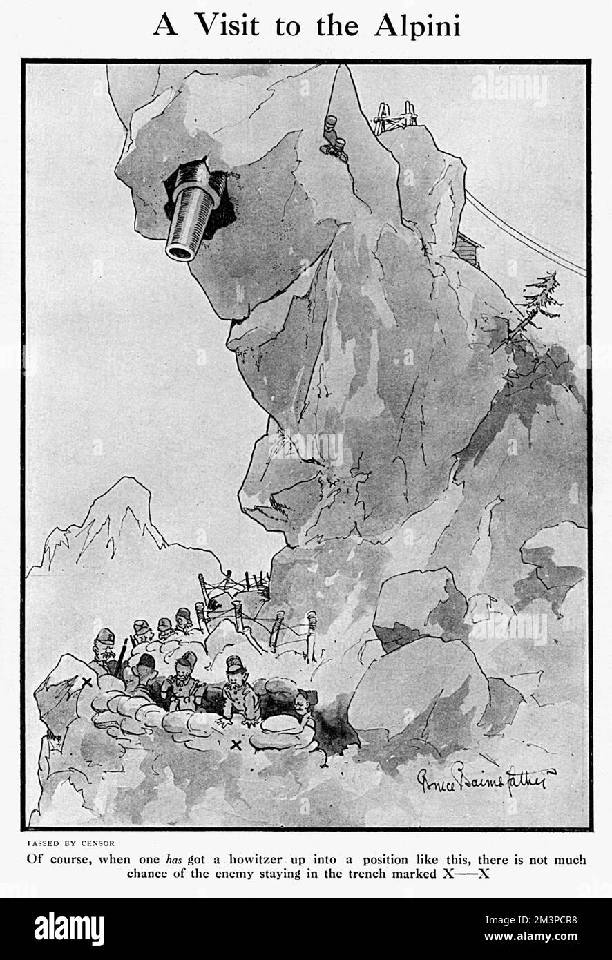 'Una visita agli Alpini' 'naturalmente, quando uno ha ottenuto un howitzer in una posizione come questa, non c'è molta probabilità che il nemico resti nella trincea segnata X - X' Un cartone animato dal capitano Bruce Bairnsfather nel Bystander dalla sua serie, "Bairnsfather sul fronte italiano" Data: 1918 Foto Stock