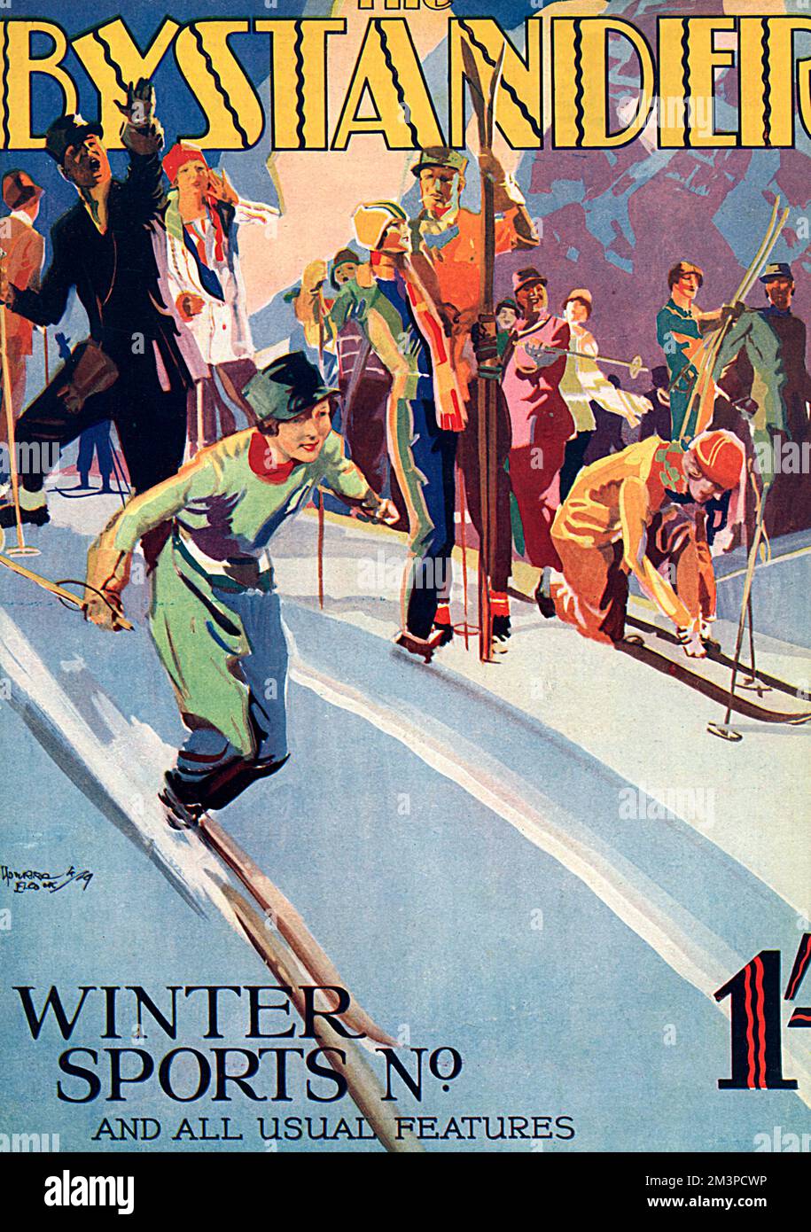 Copertina del numero di sport invernali della rivista Bystander con una società che si riunisce in pista per un po' di azione sciistica nel 1929. Data: 1929 Foto Stock
