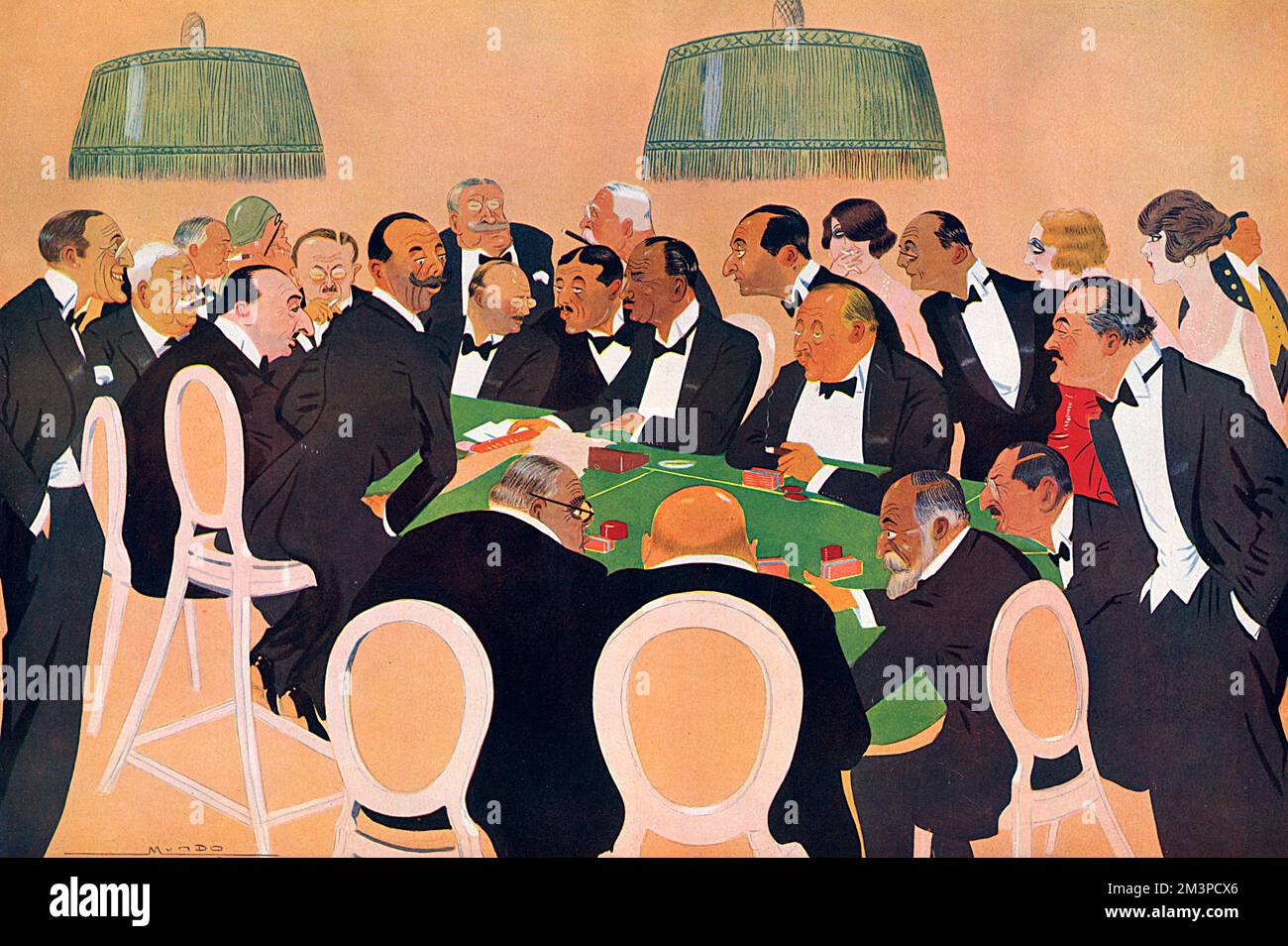 Un cast di noti patroni al casinò di Deauville alla moda nel 1929. Tra le personalità figurano James Hennessy (secondo da sinistra), M. Andre Citroen (seduto al di là del croupier) e l'Aga Khan, seduto in primo piano. Chiave per tutti gli individui pubblicati nello stesso numero. Data: 1929 Foto Stock
