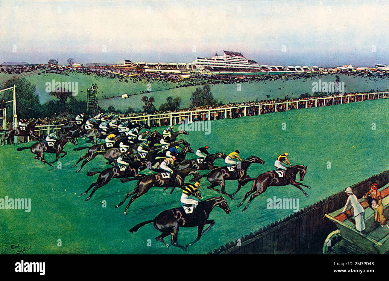 Lasciando il posto al via del Derby del 1923, una gara notoriamente vinta da Papyrus, di proprietà del signor B. irlandese e guidata da Steve Donoghue. Altri cavalli in questa foto sono: Bold e Bad appartenenti a Lord Astor (2), Apron di proprietà di Sir Abe Bailey (3), Pharos di proprietà di Lord Derby (4), Papyrus è 7, My Lord di proprietà di MR J. Joel, Ellangowan di proprietà di Lord Rosebery (12), Dodici puntatore di proprietà del Duca di Westminster (13), affrettatevi, anche di proprietà del Duca di Westminster (14), della Guardia Comunale, del Signore Woolavington (16), della sicurezza prima di proprietà del Sig. J. White, Topboot di proprietà del Sig. Foxhall Keene e Conova (20) bel Foto Stock