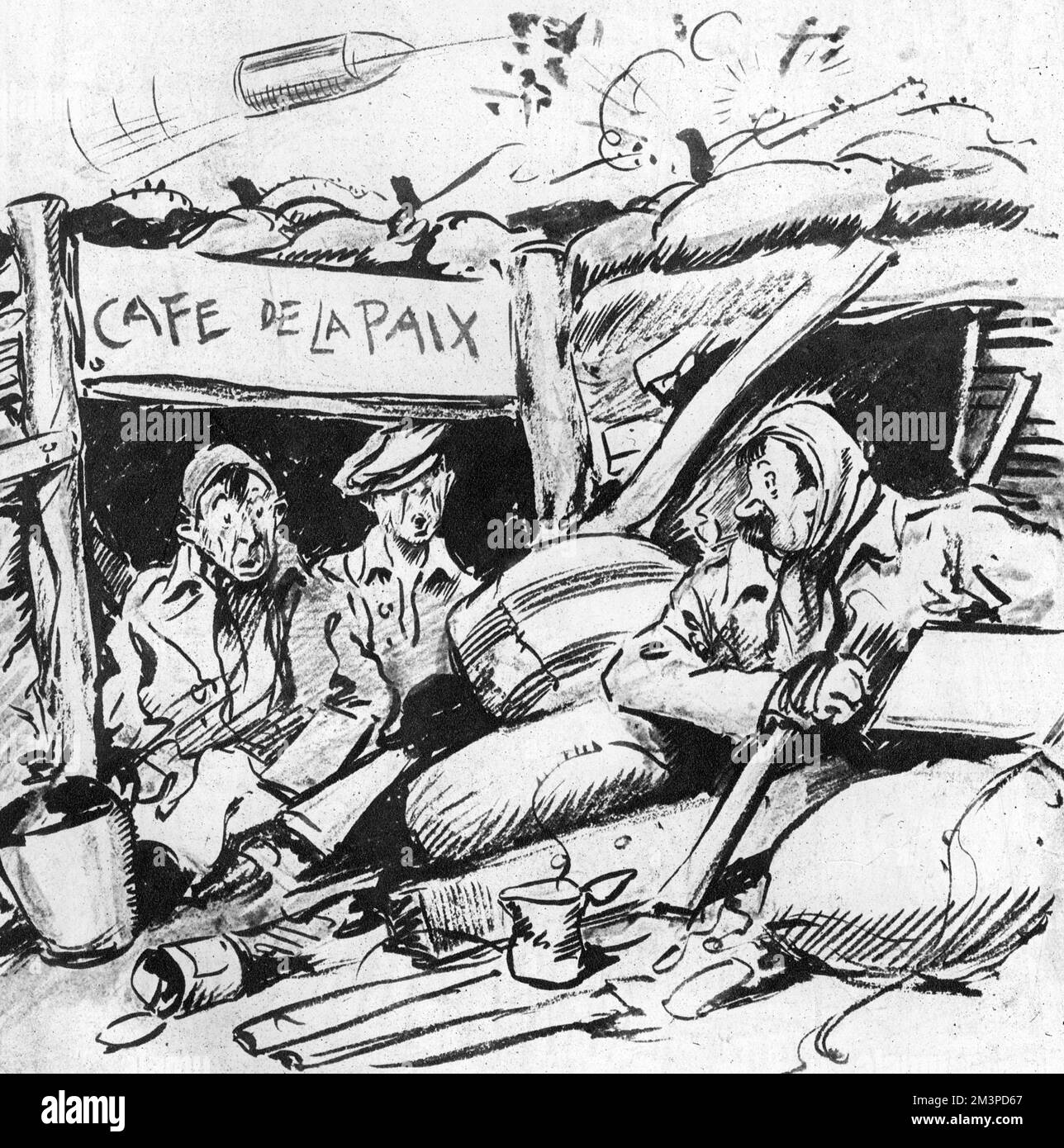 Una scena tratta da uno schizzo, parte della rivista 'See-Saw' al Comedy Theatre, basata sul lavoro del Capitano Bruce Bairnsfather, e con i suoi personaggi popolari Bert, Alf, e Old Bill, quest'ultimo interpretato da John Humphries. La scena è il Cafe de la Paix, che soffre di un colpo diretto shell. Data: 1917 Foto Stock