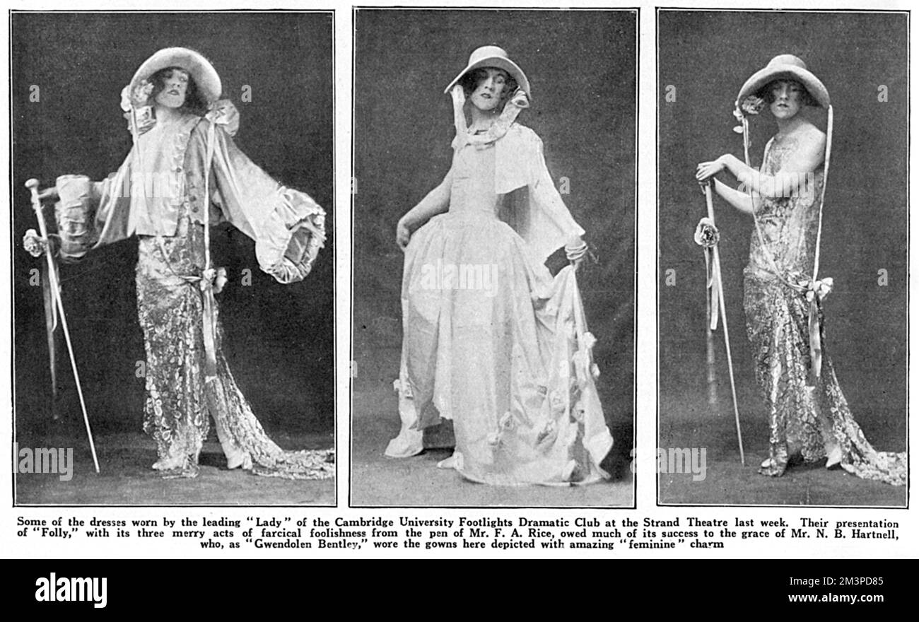Alcuni degli abiti indossati dalla principale 'lady' del Cambridge University Footlights drammatico Club, che stava mettendo in scena 'Folly' allo Strand Theatre nel giugno 1923. L'attrice non è altro che il signor N. B. Hartnell - Norman Bishop Hartnell, designer di moda britannico e couturier reale (1901-1979), che, osserva Bystander, come "Gwendolen Bentley" indossava gli abiti qui raffigurati con un fascino "femminile" incredibile. Non specifica se Hartnell ha progettato gli abiti da solo. 1923 Foto Stock