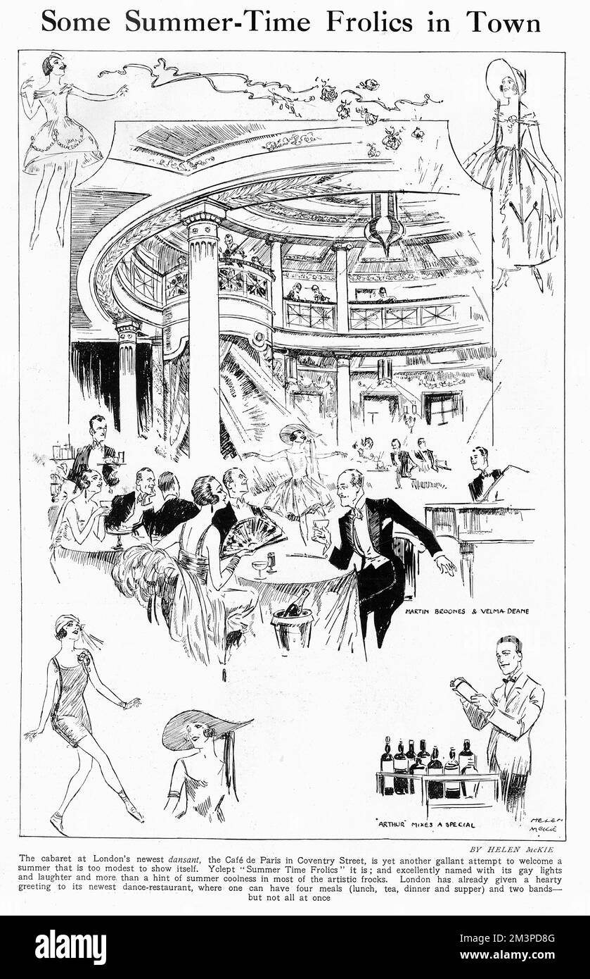 Cabaret al più recente dansant di Londra, il Cafe&#x9824;e Paris in Coventry Street. Uno spettacolo di cabaret puo' essere visto al centro del palco mentre i commensali e gli ospiti guardano dai tavoli intorno alla pista da ballo. In basso a destra, Arthur, il barista cocktail mescola una speciale. 1924 Foto Stock