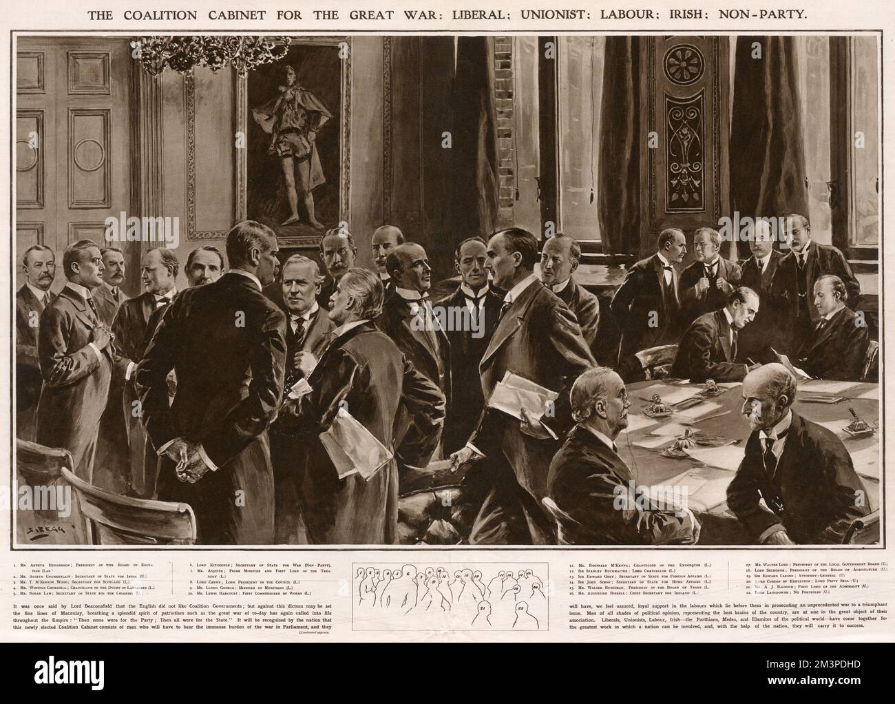 Il gabinetto della coalizione per la Grande Guerra : liberale, unionista, laburista, irlandese, non-partito, con una chiave a chi è chi. Il primo ministro H H Asquith formò il secondo ministero dell'Asquith, un governo di coalizione della prima guerra mondiale, dopo il disastro di Gallipoli nel 1915 e dopo un governo versato il 25th maggio 1915, portando i conservatori a sostenere il suo governo liberale. Data: 1915 Foto Stock