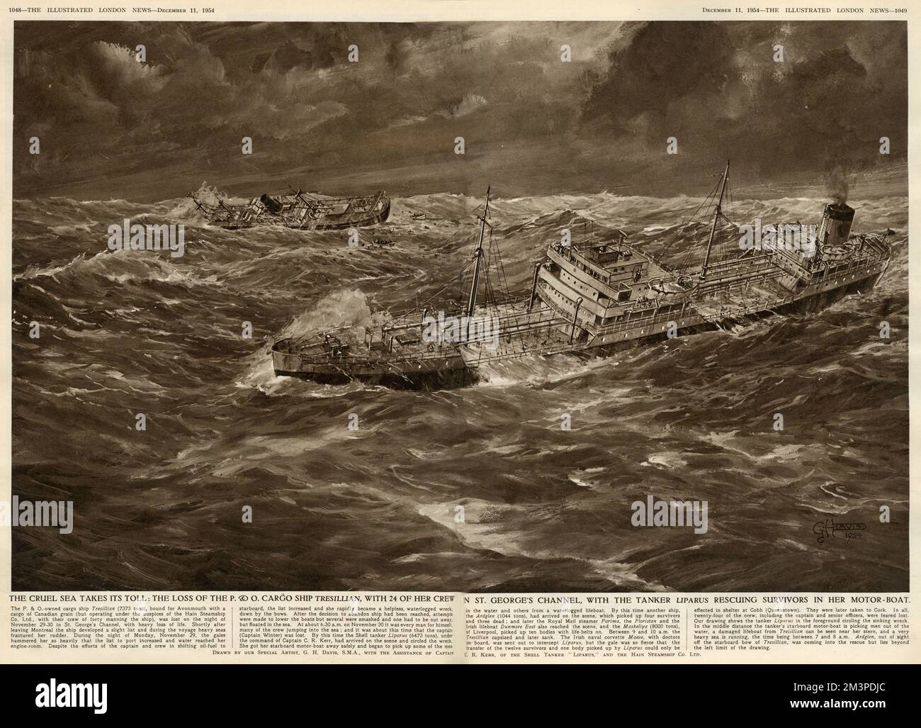 Nave da carico Tresillian della Hain Steamship Co.. (St Ives) perse la notte dal 29th al 30th novembre 1954 nel canale di St George, vicino all'Irlanda, con gravi perdite di vite umane. La petroliera Liparus salvò i sopravvissuti sulla sua barca a motore. Data: 1954 Foto Stock